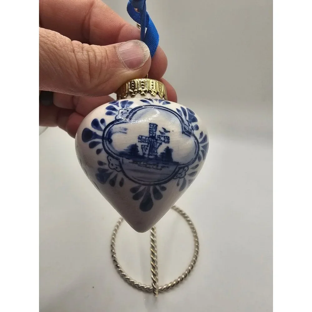 Holland Delft Blue Windmill Hand-Painted Porcelain‎ Christmas Ornament With Gold